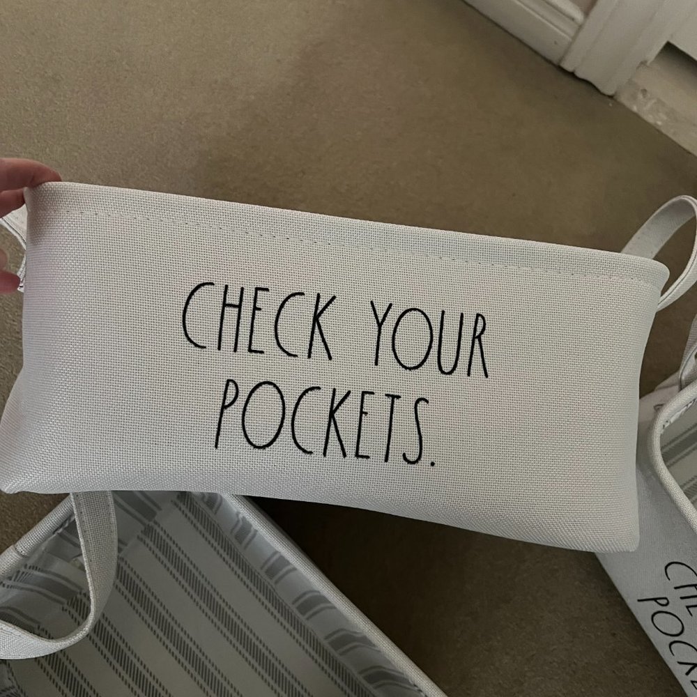 rae dunn check your pockets fabric laundry storage organization basket nwt